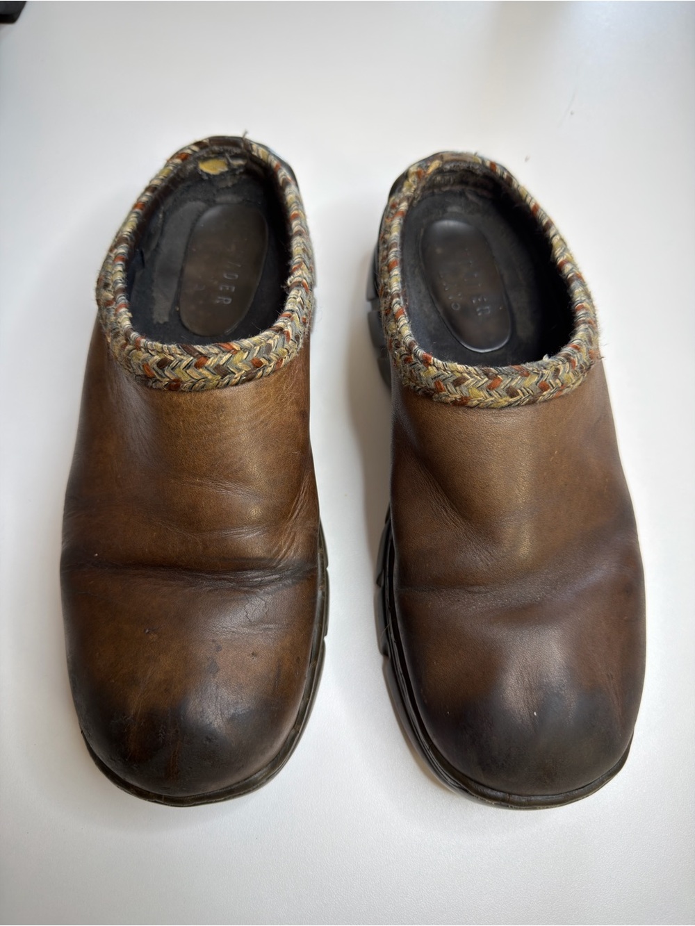 Trader Bay Brown Leather Slip-On Clogs with Braided Collar